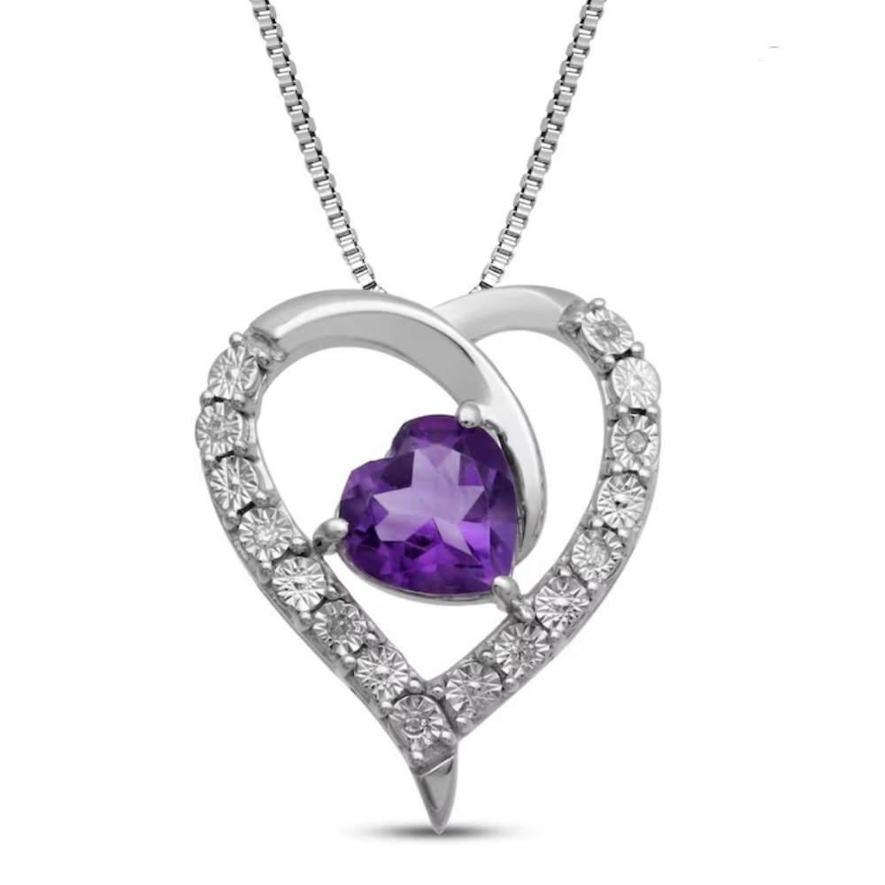 NWOT Sterling Heart Pendant Faceted Heart Shaped Amethyst & 8 Diamond Necklace